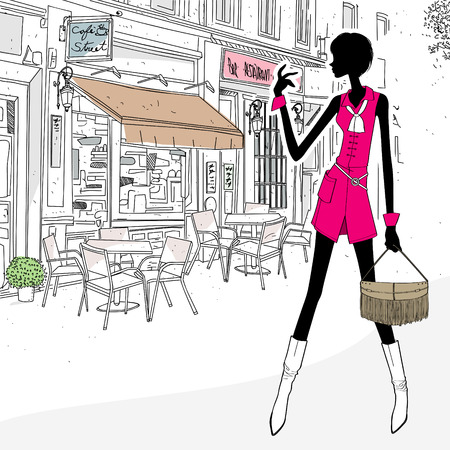 silhouette woman in street cafeのイラスト素材