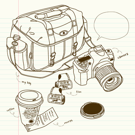 cameras and bags in still lifeのイラスト素材