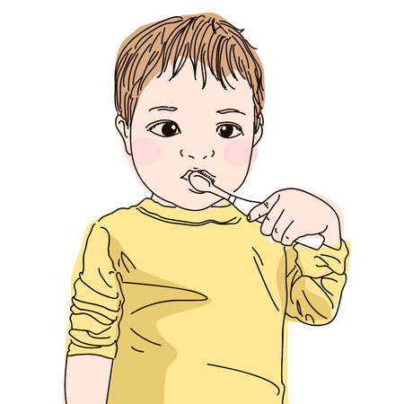 cute Baby brushing teeth, little baby boy with tooth brushのイラスト素材