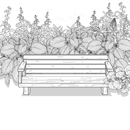 landscape line drawing sketch, thicket and wood benchのイラスト素材