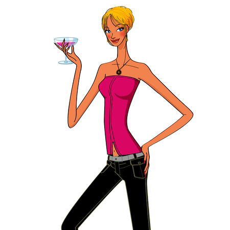 beautiful sexy woman drinking a glass of wineのイラスト素材