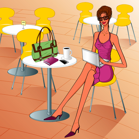 beautiful business woman sitting in a cafe with a laptop and coffeeのイラスト素材