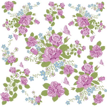 A rose flower and butterfly background pattern.のイラスト素材