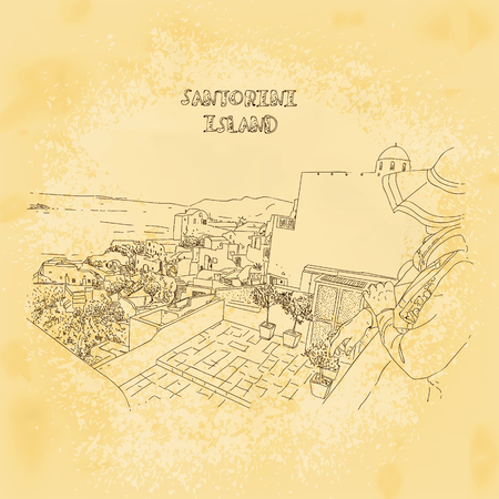 woman with hat looking at Santorini village sight from balcony in Santorini Islandのイラスト素材