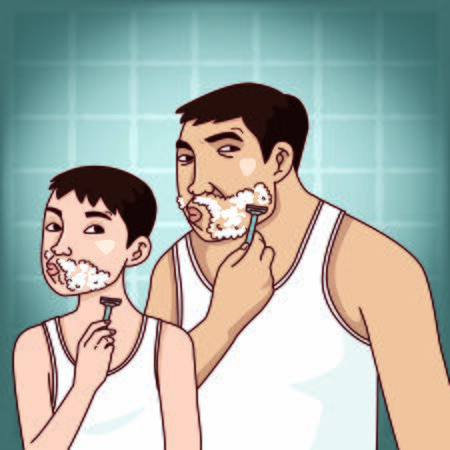 father and teenager son shaving in bathroomのイラスト素材