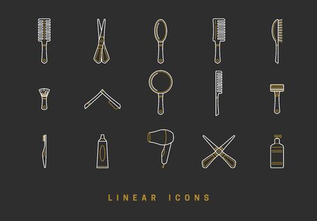 Icons barbershop in linear style. set of tools for hair care, comb brush, scissors. hairbrush icon vector graphics. logos for beauty saloon. appearance care itemsのイラスト素材