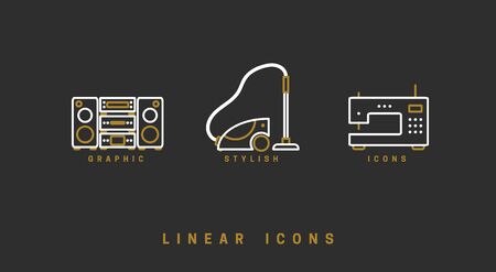 Set of outline vector home appliances icons for web design in simple linear style isolated on black backgroundのイラスト素材