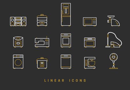 Set of outline vector home appliances icons for web design in simple linear style isolated on black backgroundのイラスト素材
