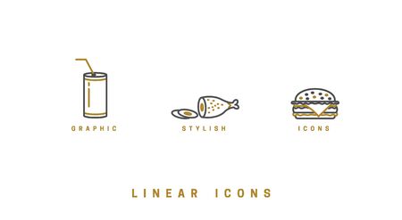 Food icons in linear style. icon burger, meat dish, soda drink vector graphic.のイラスト素材