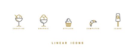 Food icons in linear style. icon sweet desserts, ice cream, cocktail drink, croissant vector graphic.のイラスト素材