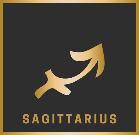 Zodiac sign. Sagittarius. Horoscope. Isolated golden symbol on a black background with a golden inscription. Vector illustrationのイラスト素材