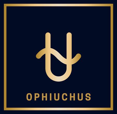 Zodiac sign Ophiuchus. Horoscope. Isolated golden symbol on a blue background with a golden inscription. Vector illustrationのイラスト素材