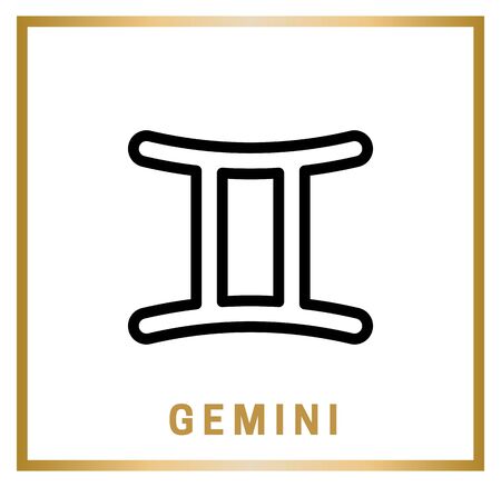 Gemini Zodiac sign. Horoscope. Isolated black icon on white background with golden inscription. Vector illustrationのイラスト素材