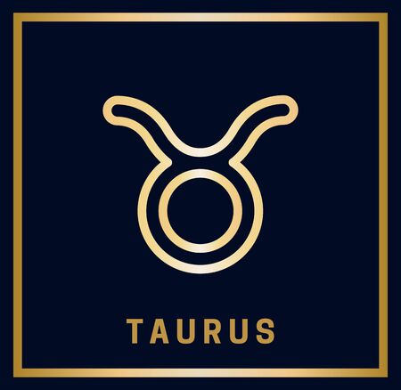 Zodiac sign Taurus. Horoscope. Isolated golden symbol on a blue background with a golden inscription. Vector illustrationのイラスト素材