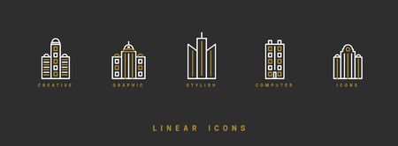 Icons houses, high-rise buildings in linear style. Architectural structure of home skyscrapers icon vector graphicのイラスト素材