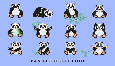 Set cartoon funny pandas. Collection of gray animals with emotions on a blue background. Isolated, in a flat style. Vector illustration.のイラスト素材