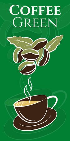 Coffee beans. Composition of cup of hot coffee on saucer and green coffee beans with leaves. Design on green background. Vector illustrationのイラスト素材