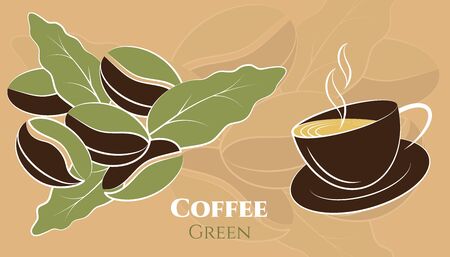 Coffee beans. Composition cup of hot coffee on saucer and green coffee beans with leaves. Design on beige background. Vector illustrationのイラスト素材