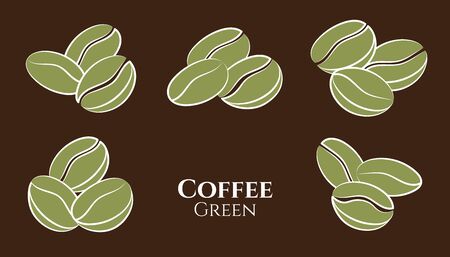 Coffee beans. Collection in different variants. Linear green icons on brown background. Vector illustration.のイラスト素材