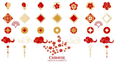 Set of decorative chinese elements. Golden and red clouds, sakura flowers on white background. Vector illustrationのイラスト素材
