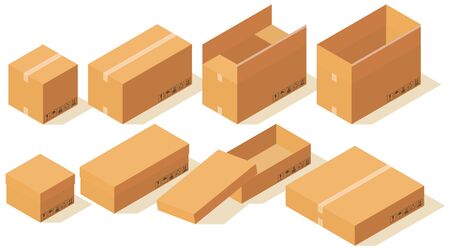Set of isometric cardboard boxes. Realistic open and closed packaging in different sizes. Images with postage stamps. Isolated on white background. Vector illustration.のイラスト素材