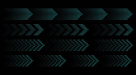 Set of arrows. Silhouettes collection of blue neon pointers with halftone effect on a black...