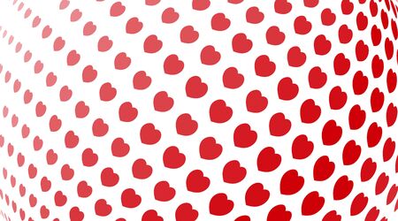 Abstract background. Red hearts of different sizes with halftone effect on white background. Vector...
