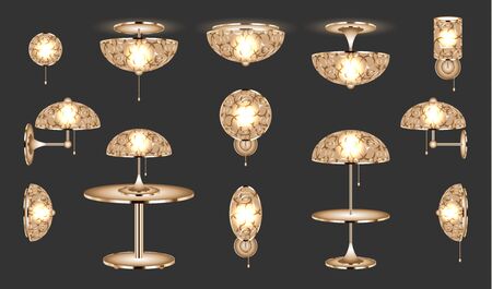 Set of gold table lamps, lamps interior elements, night light, sconces old-style chandelier. Decorative elegant luxury vintage chandelier luster. Design decor accessory for Home. Vector illustrationのイラスト素材