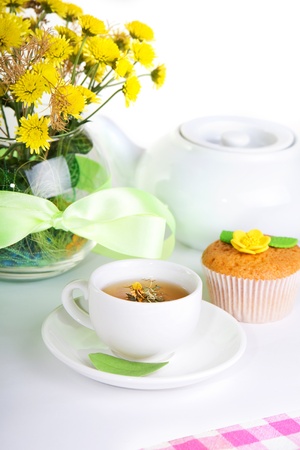 continental breakfast with cake and fruit teaの写真素材