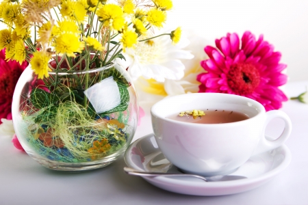 cup of herbal tea with beauty flowersの写真素材