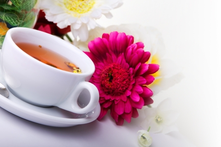 cup of herbal tea with beauty flowersの写真素材