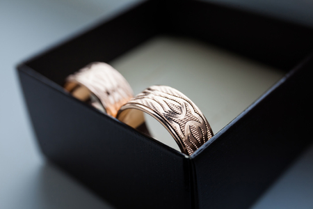 Wedding concept. Wedding rings close-up in a box. Copy spaceの写真素材