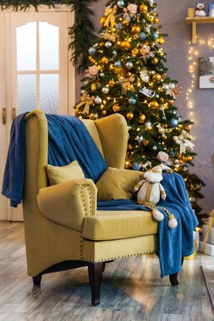 Spacious and light living room decorated for Christmasの写真素材