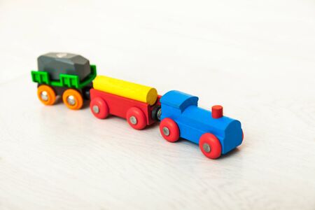 Close up of a toddlers wooden train railway setの写真素材