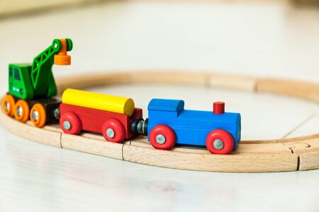 Close up of a toddlers wooden train railway setの写真素材