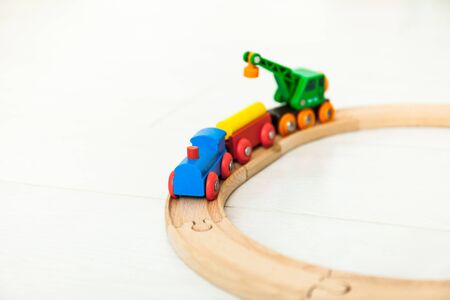 Close up of a toddlers wooden train railway setの写真素材