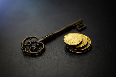 Money opens many doors. Golden coins with vintage key, key to money, business financial success conceptの写真素材