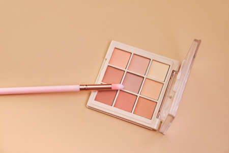Cosmetic branding, fashion blog and glamor set concept - Eye shadow of nude shades palette swatches...