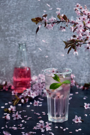 Spring cocktail. Glass of pink rose champagne, cider or lemonade with ice and mint with falling petals. Black and gray backgroundの写真素材