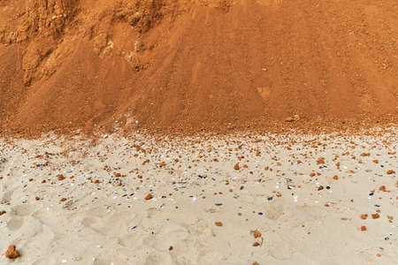 Geology. Desert landscape. Panorama view of the sandstone formation, the rocky cliffs, sand. Background or texture of sandy cliff on the coast, orange limestoneの写真素材