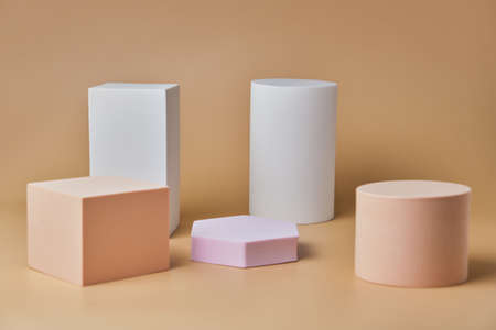 A set of geometric shape podiums and pedestals. Pastel colors. Empty space for placing objects....