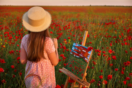 Little girl is standing in the field of red poppies and painting on the canvas placed on a drawing stand. Be a part of learning outside of the school in the nature park. Creative hobbyの写真素材