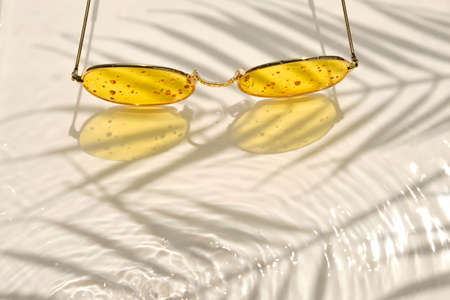 Sunglasses in a metallic frame with yellow glasses lie on a bright water background. The shadow of a palm tree.の写真素材