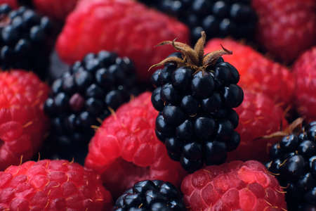 Background from fresh organic blackberries and raspberries, close up. Lot of ripe juicy wild fruit raw berries in a black plate. Top view blackberry and raspberry. Macro, selective focusの写真素材