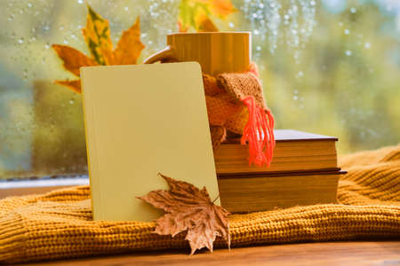 Creative mood. Cup of tea, autumn leaves, books, notebook and red knitted plaid on wooden table. Cozy autumn composition with mock up notebook. fall, thanksgiving day concept.の写真素材