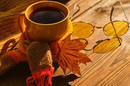 season and Autumn concept - glasses, cup of coffee, autumn leaves, red wool sweater on wooden window...