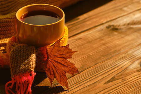 Autumn background - cup of tea with warm scarf and dry autumn leaf under soft sunlight on wooden table. Concept of spending autumn time at cozy home, copy spaceの写真素材