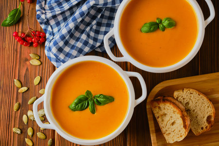 Two portions of Homemade pumpkin soup with cream, croutons, pumpkin seeds and basil on rustic wooden background, selective focusの写真素材
