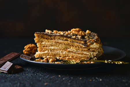 Biscuit cake with sour cream, nuts and chocolate glaze, on a black plate with chocolate on a dark textured background, Selective focusの写真素材