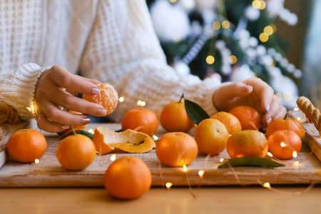 woman in knitted sweater makes a Christmas composition for festive mood, mandarines and fir tree decoration behind. holiday aroma. Selective focusの写真素材